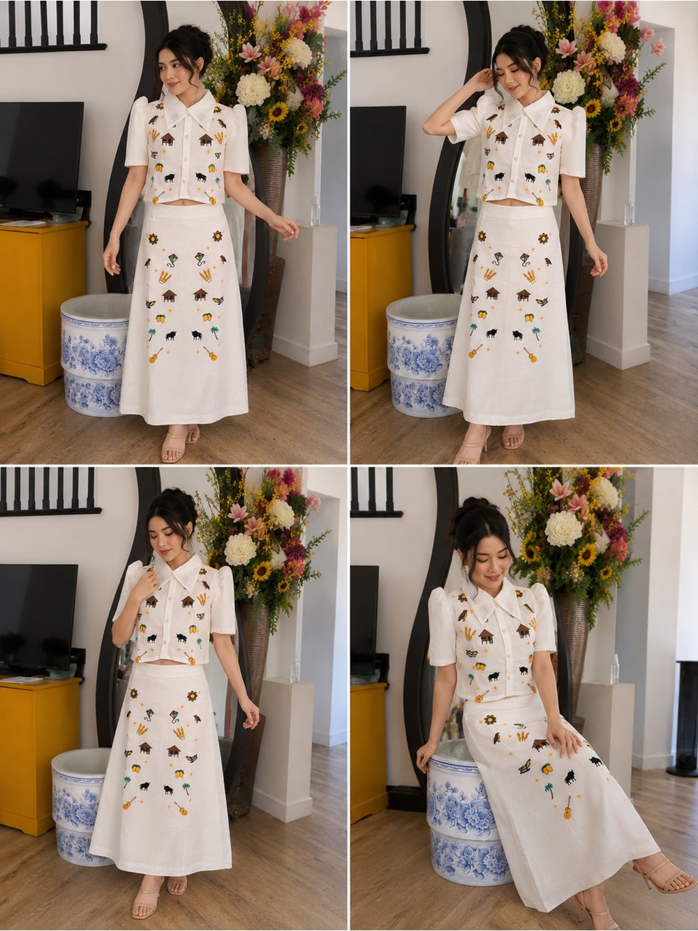 Filipiniana Set Embroidered White Blouse & A-Line Skirt - Picture 4 of 9